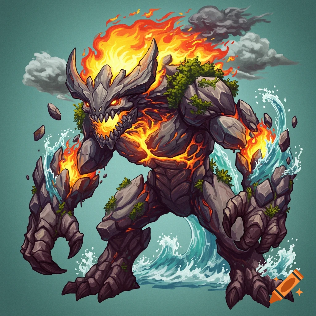 A monster made of rock, fire, and plants standing in water with clouds