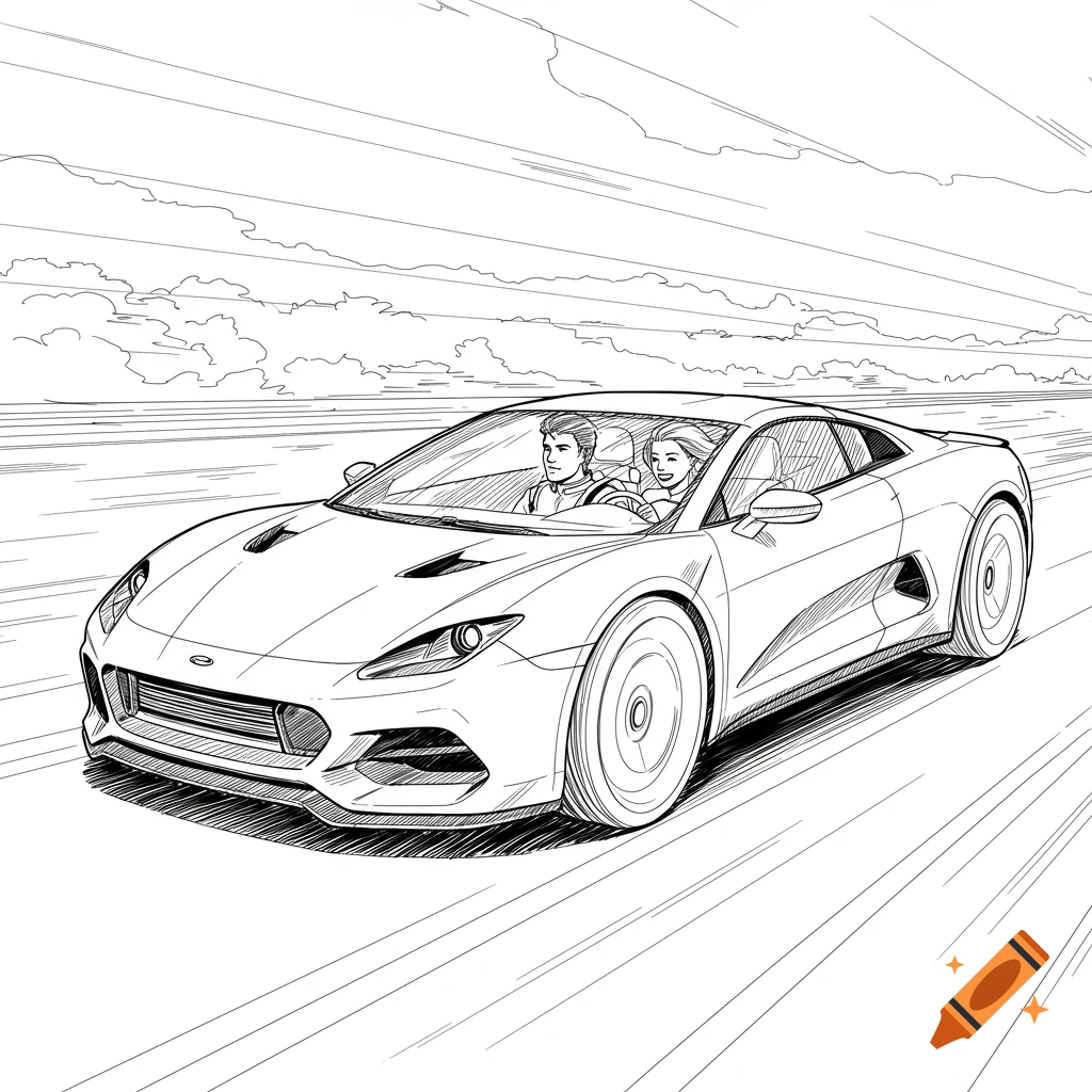Line drawing of a couple in a fast car