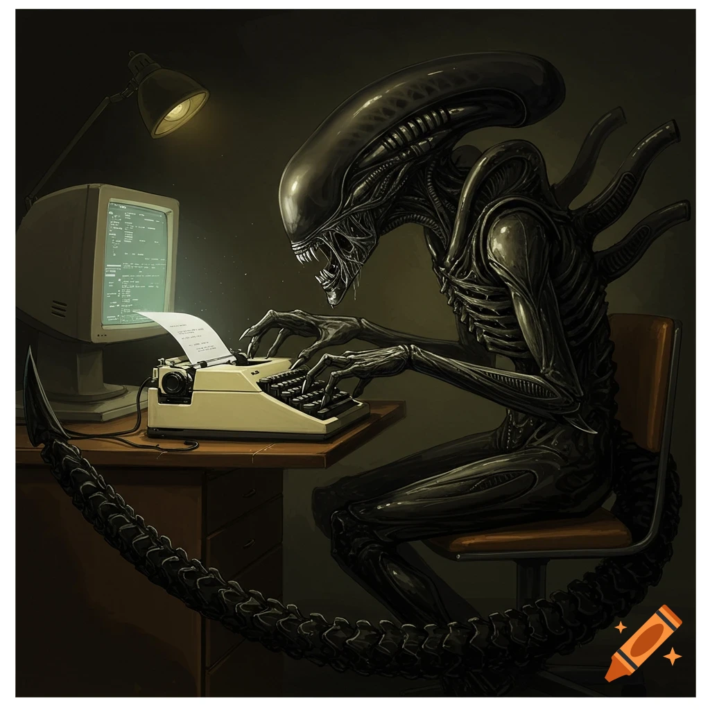 A Xenomorph alien sitting at a desk typing on a typewriter.