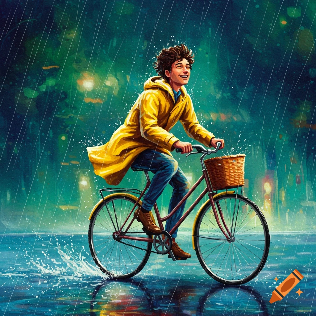 A person in a yellow raincoat is riding a bike in the rain.
