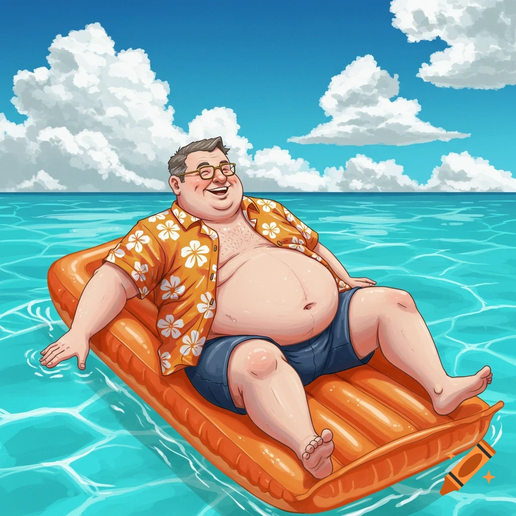 Overweight man floats on an orange inflatable in blue water under a cloudy sky, digital art.