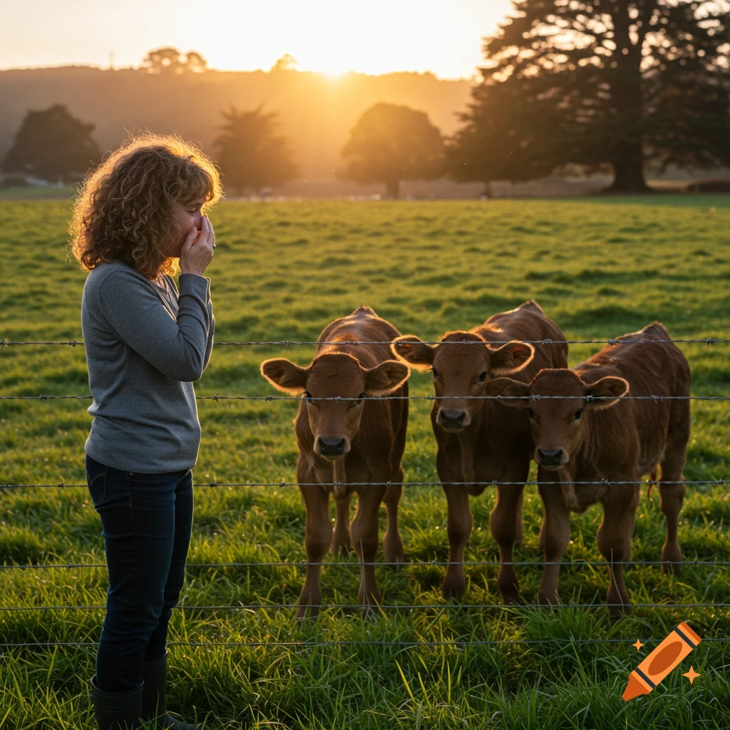 A woman stands by a barbed wire fence looking at three calves in a field during sunset.