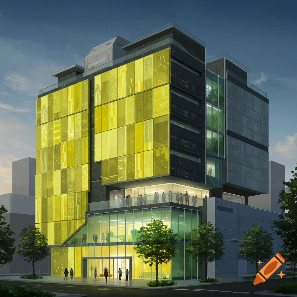 Modern building with yellow and grey facades and glass entrance.