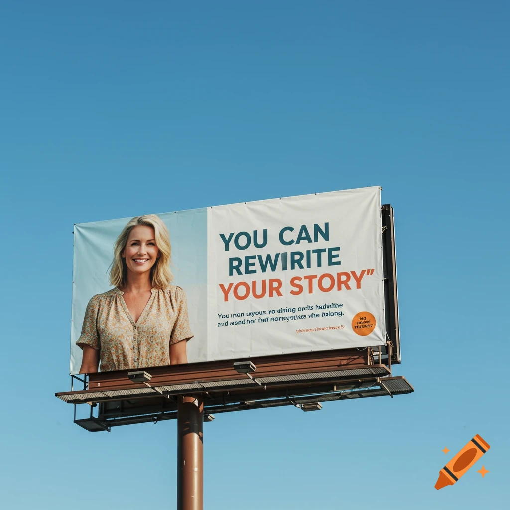 Billboard with a smiling blonde woman and text YOU CAN REWRITE YOUR STORY against a blue sky.