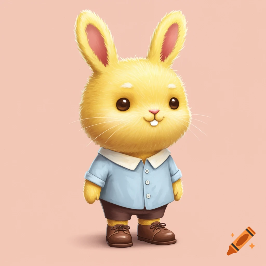 A cute cartoon yellow bunny wearing a blue shirt and brown shoes stands against a pink background.