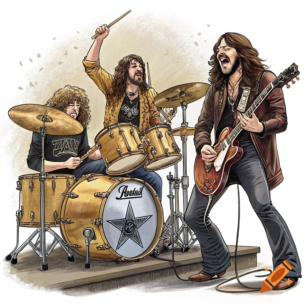 Illustration of a rock band with drums and guitar on stage.