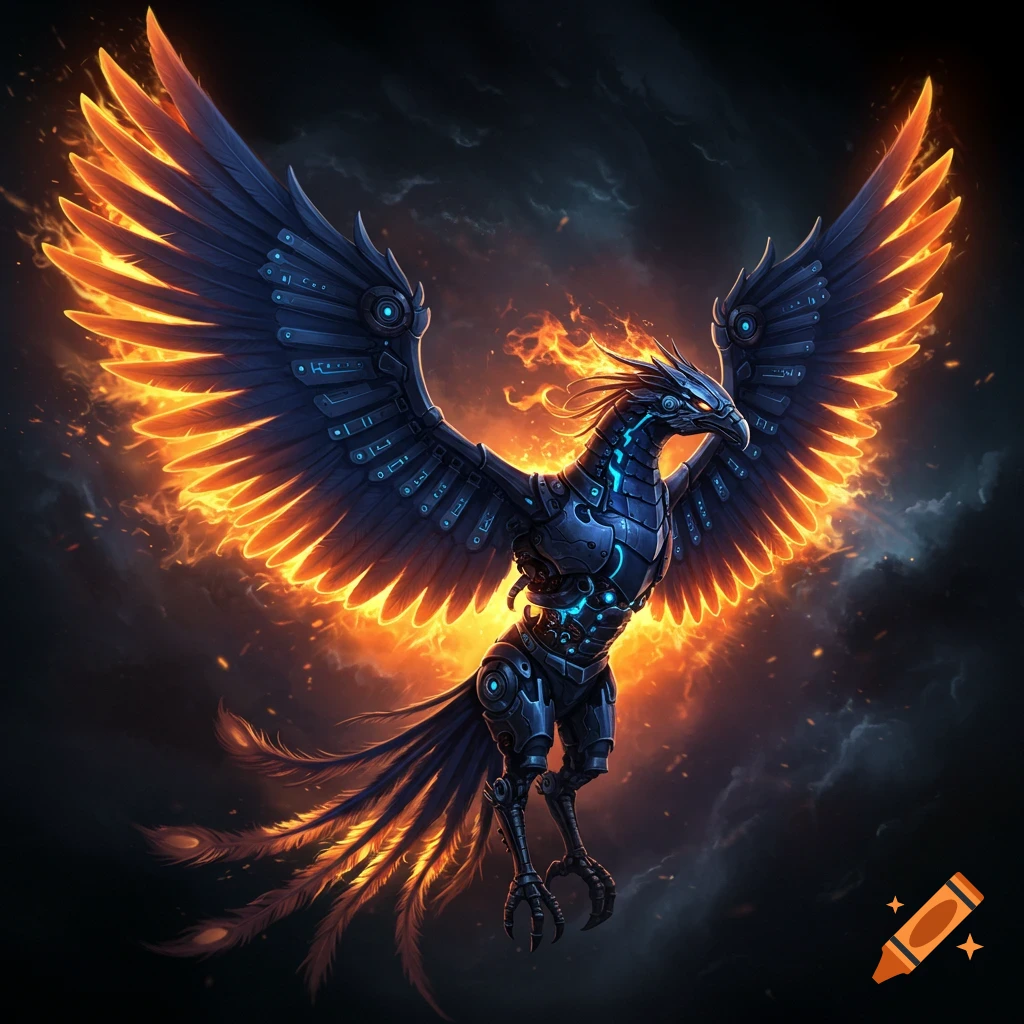 A dark blue cyborg phoenix with glowing fiery wings flies against a dark sky.