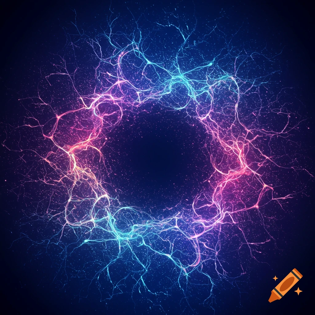 Glowing neural network pattern in pink, purple, and blue on a dark background.