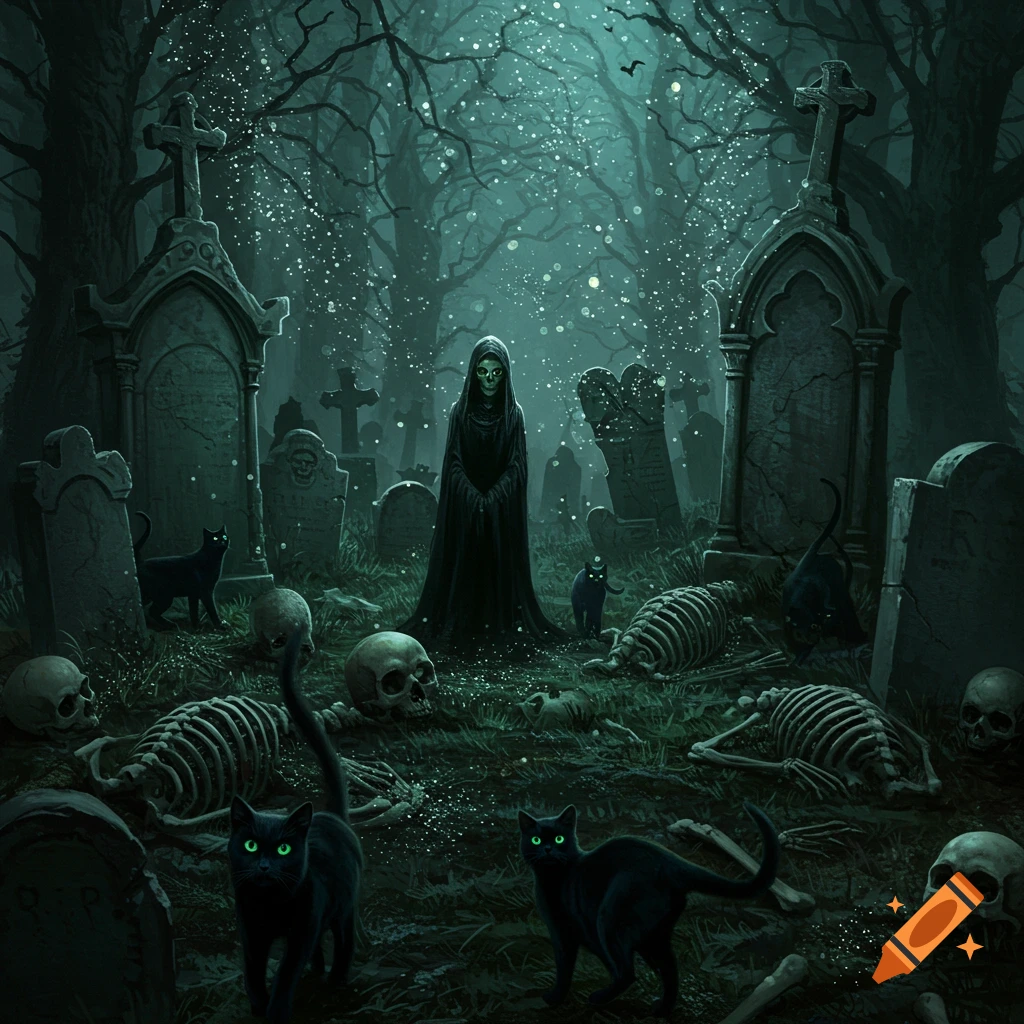 A spooky cemetery scene with skeletons, black cats, and a hooded figure under a starry or sparkling night sky.