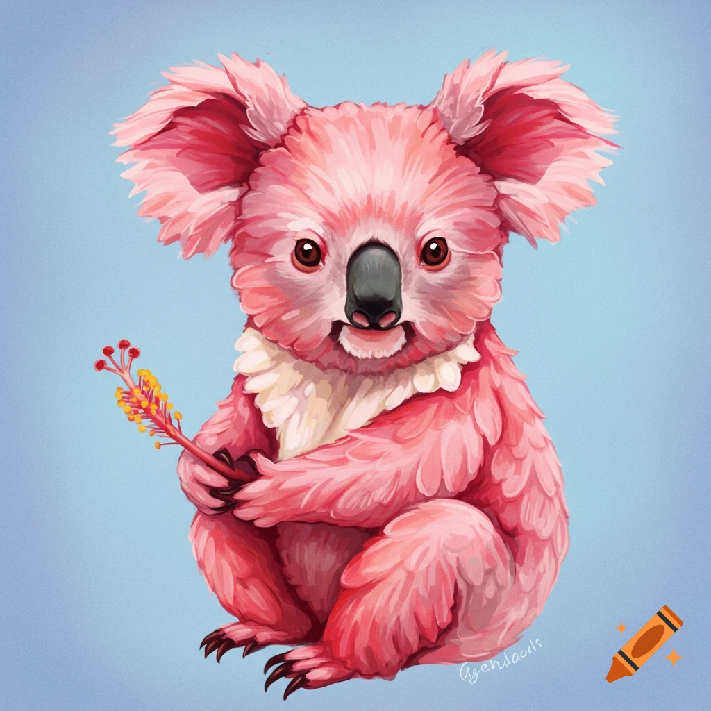 A pink koala sits holding a flower.