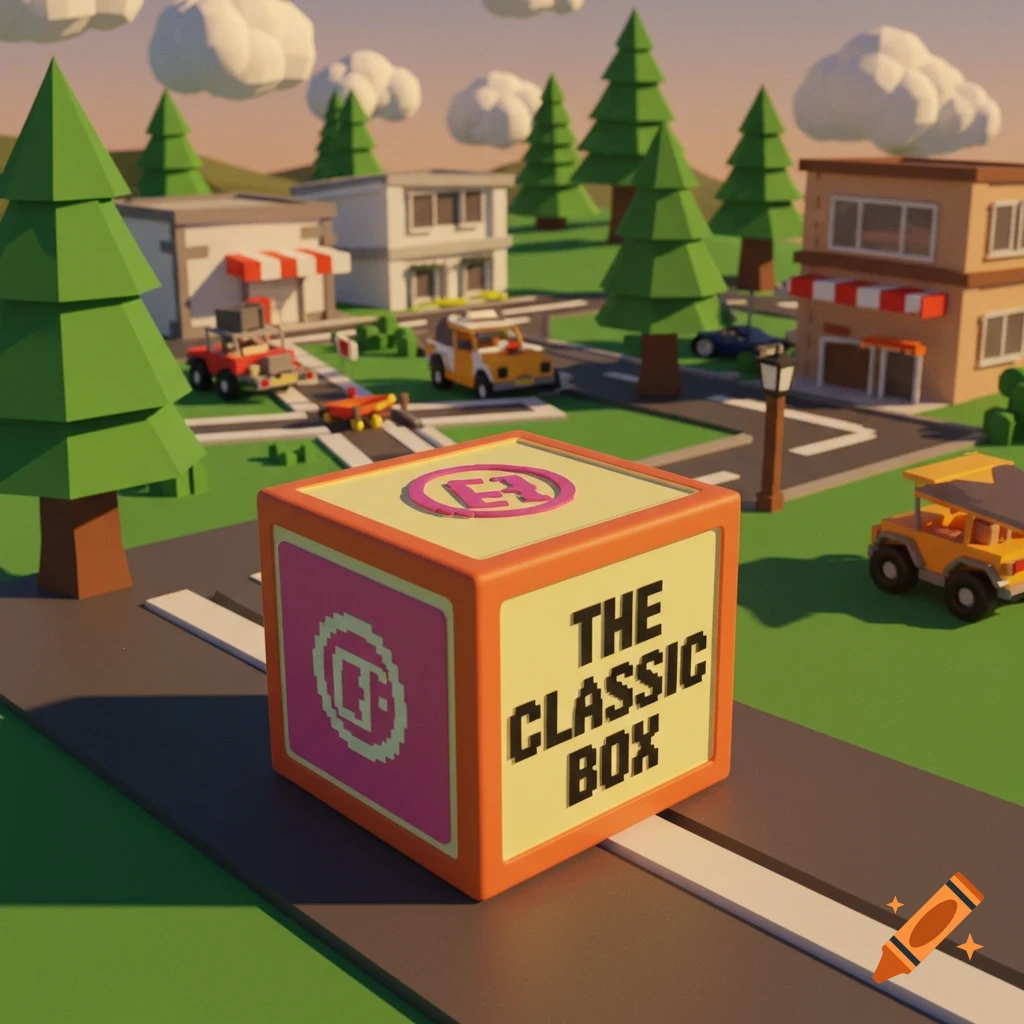 A large orange and yellow box with the text 'THE CLASSIC BOX' sits on a road in a blocky, low-poly town scene with cars and trees.