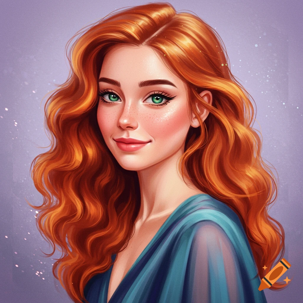 A woman with long red hair, green eyes, and freckles, is wearing a blue dress.