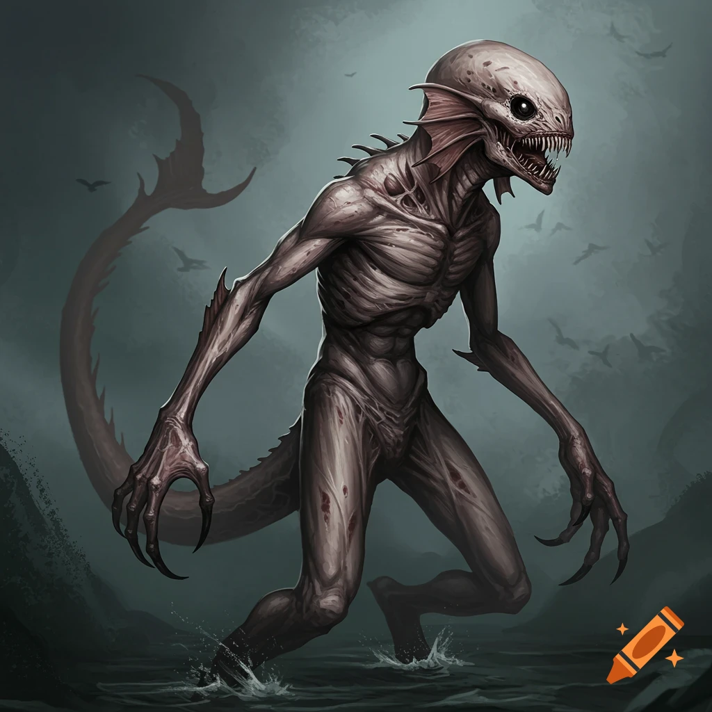 Skeletal pale creature with claws and gills stands in water with bats.