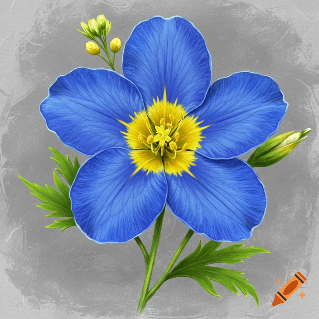 A blue and yellow flower on a gray background.