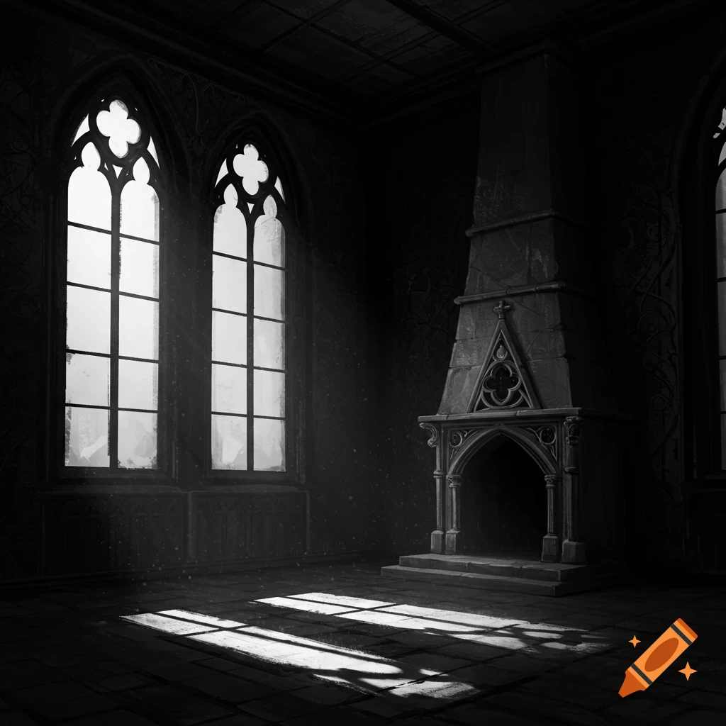 A high-contrast black and white gothic room featuring large windows, a fireplace, and sunlight streaming onto the floor.