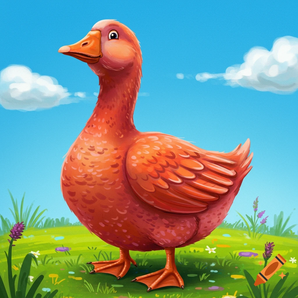 A vibrant orange goose stands in a grassy field under a blue sky.
