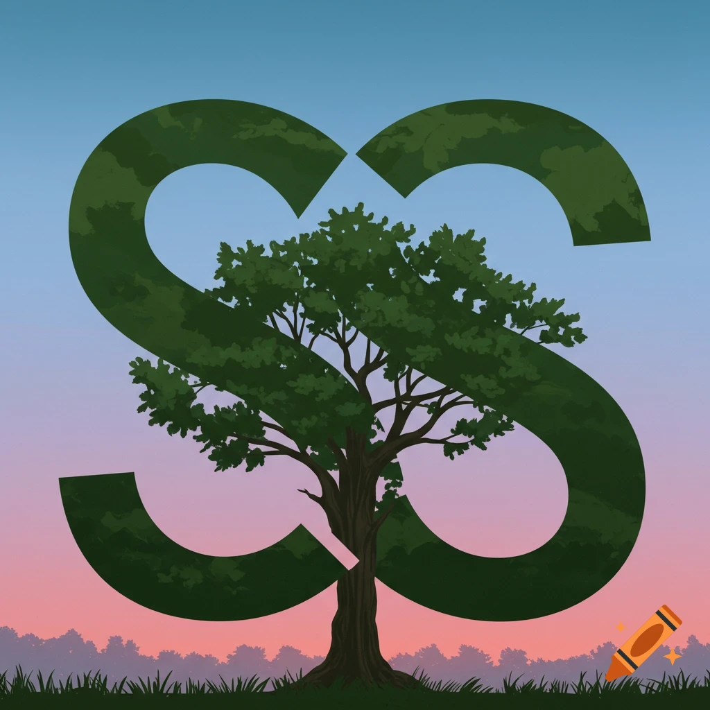 A tree integrated into two green 'S' shapes against a sunset sky.