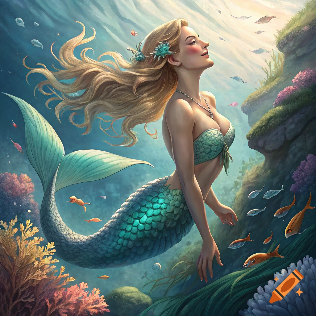 A blonde mermaid with a shimmering tail swims underwater among coral and fish.