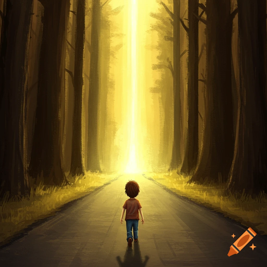 A child walks on a road through a dark forest towards a bright light.