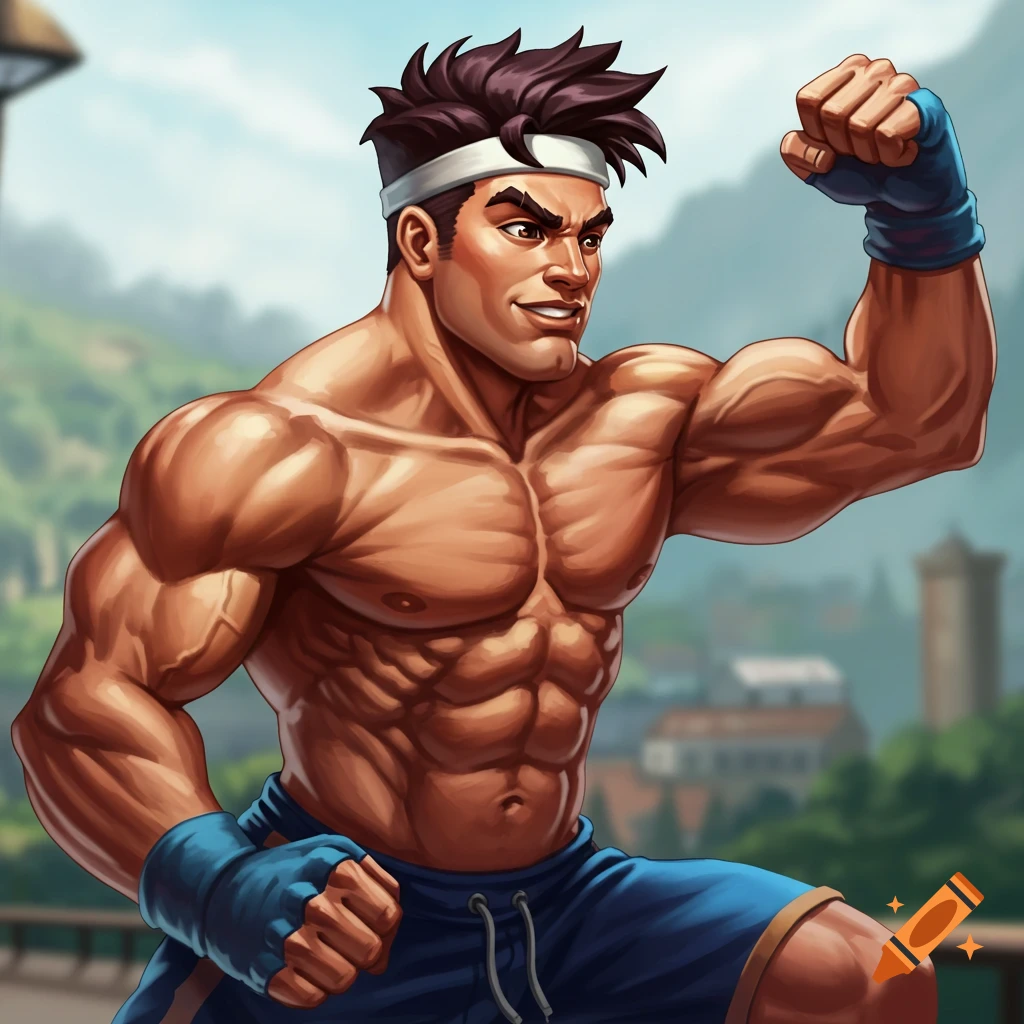 A muscular cartoon man in fitness gear poses outdoors.