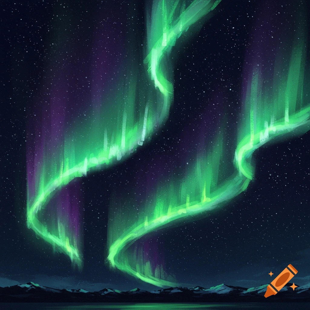 Green and purple auroras over a mountain landscape reflected in water.