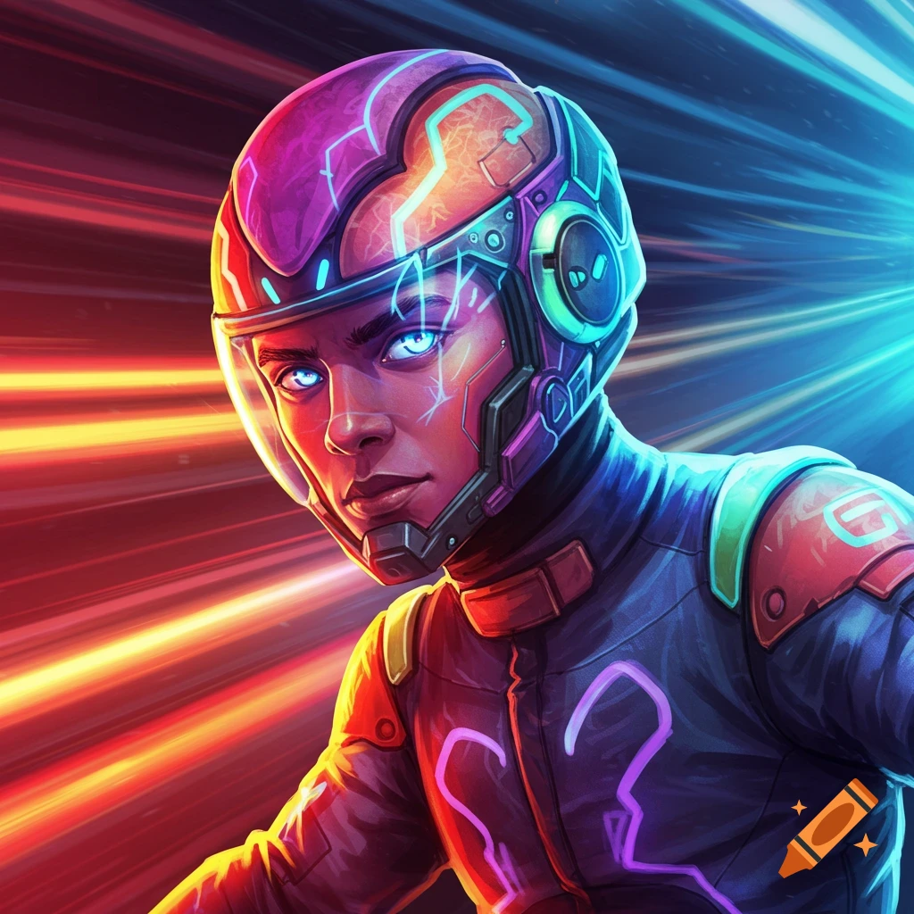 A futuristic racer in a glowing helmet and suit against a speed blur background.