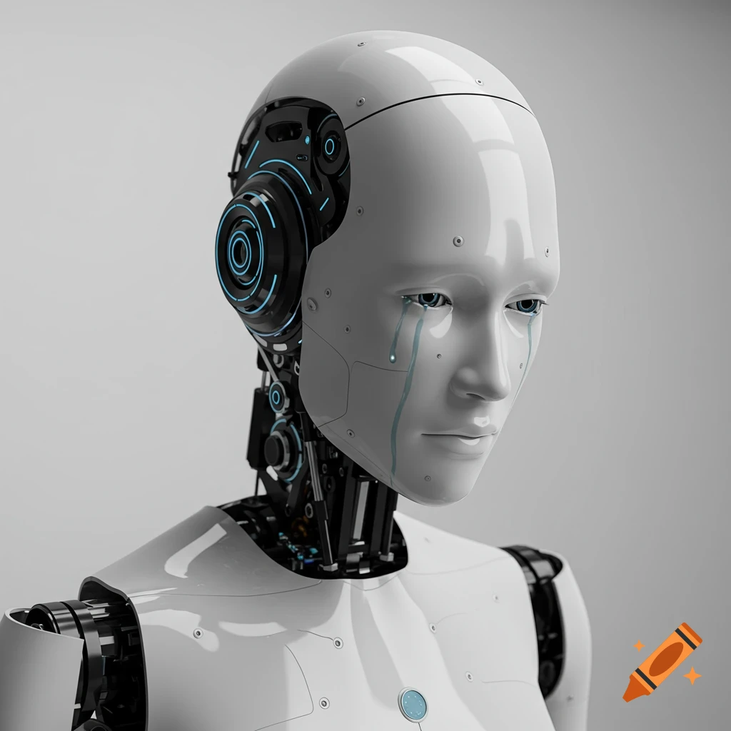 Close-up of a white robot head with glowing blue details crying blue tears.