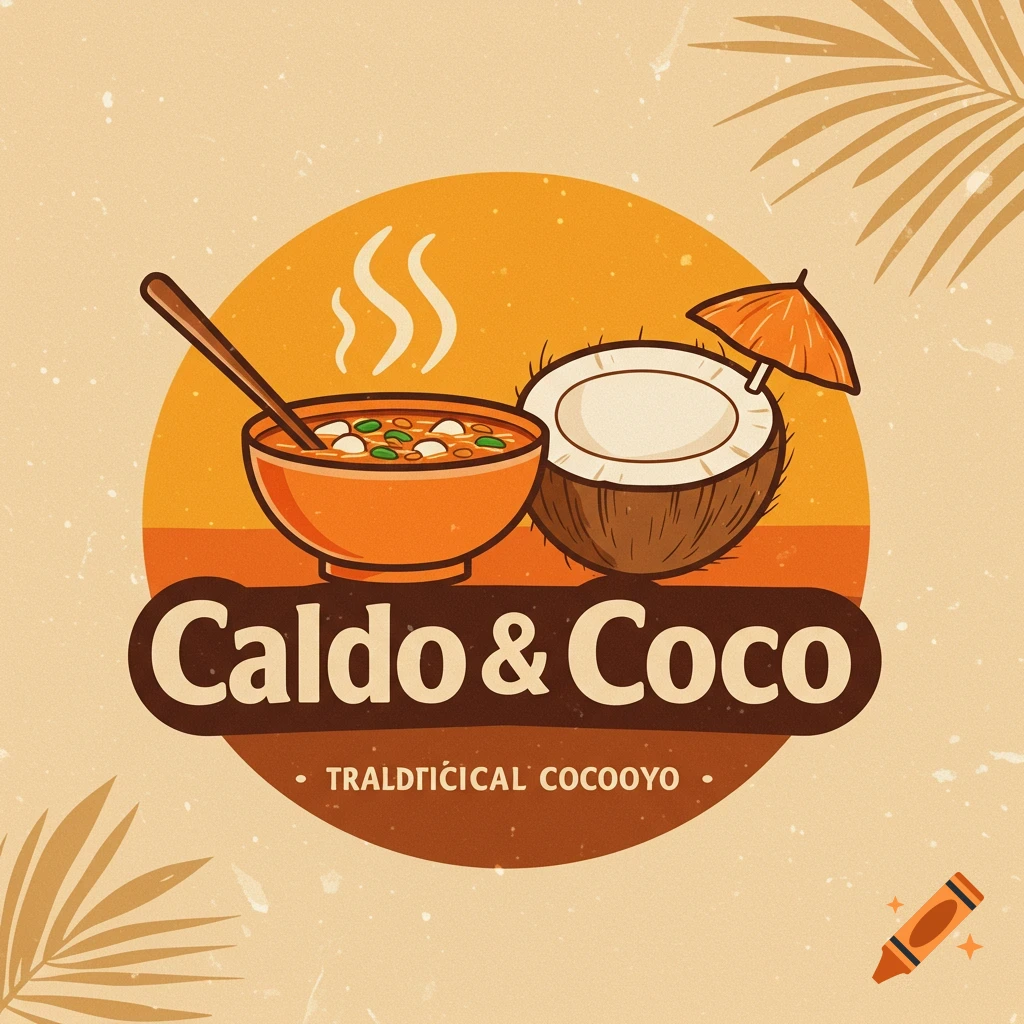 Illustrated logo for Caldo & Coco food truck featuring soup and coconut.