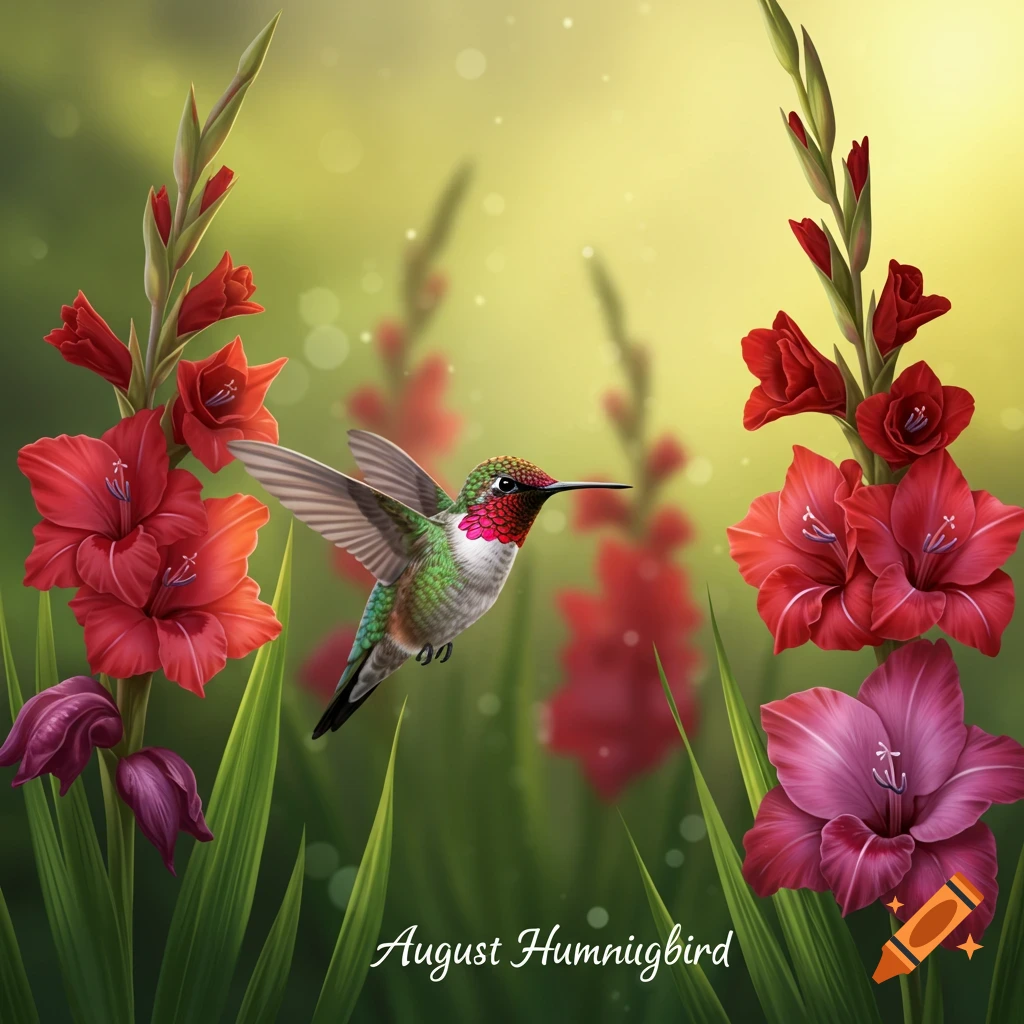 A hummingbird is flying among red and purple gladiolus flowers.
