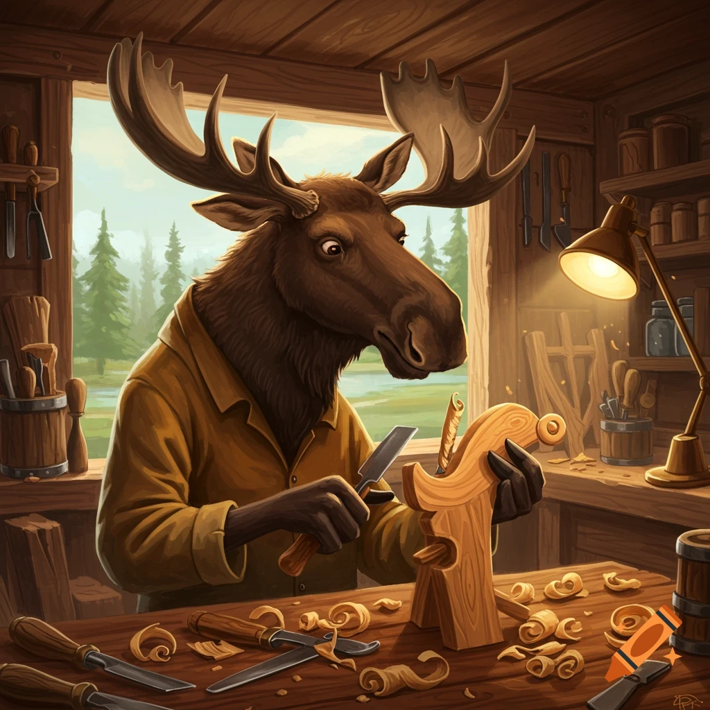 A moose character is woodworking in a workshop, carving a wooden piece with a chisel.