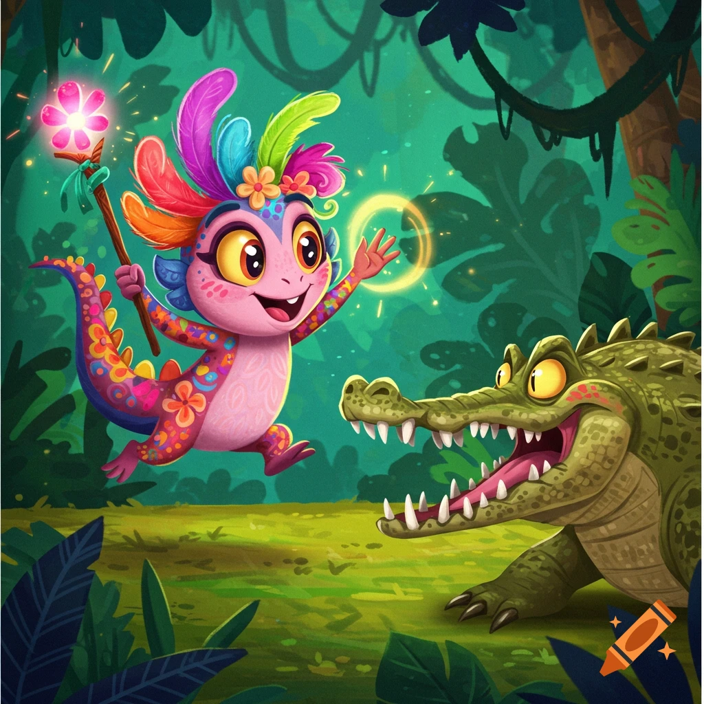 A colorful cartoon fantasy creature battles a green alligator in a jungle clearing.