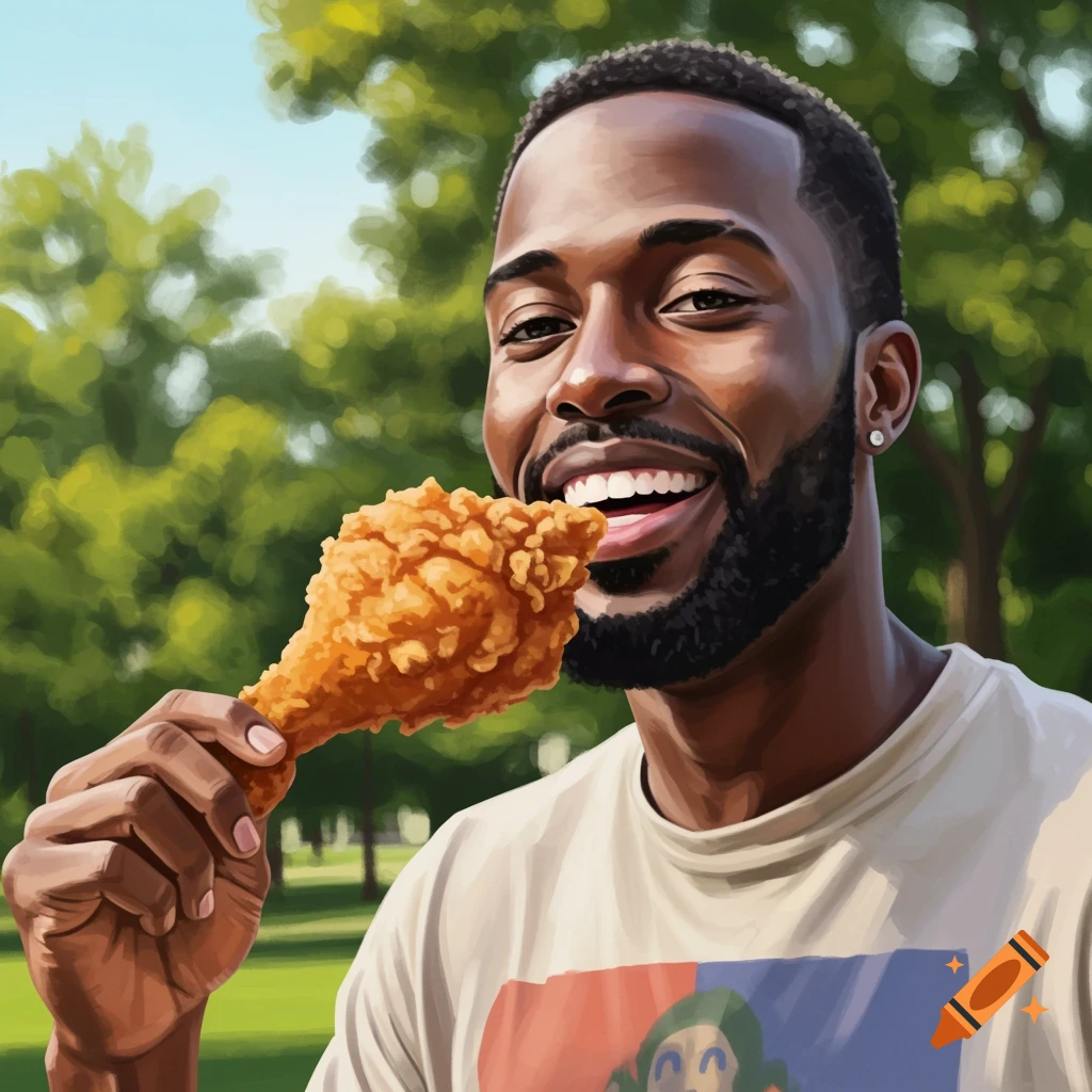 A Black man is smiling and eating fried chicken outdoors in a park.