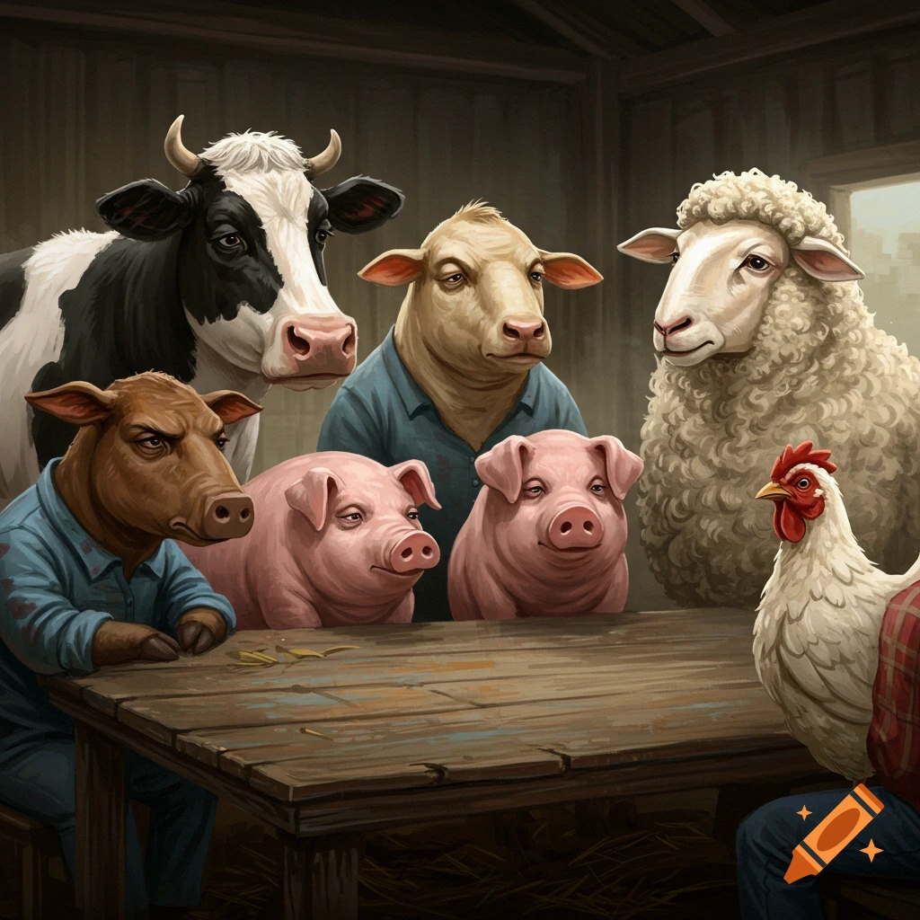 Anthropomorphic farm animals - cow, sheep, pigs, bull, chicken - are sitting around a table in a barn.
