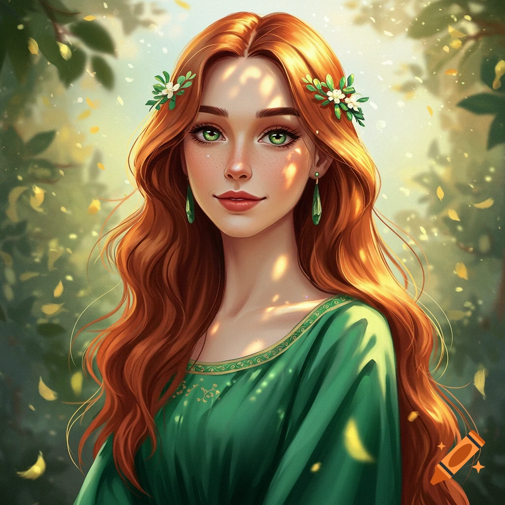 A red-haired woman with green eyes wearing a green dress and flowers in her hair is in a sunny forest.