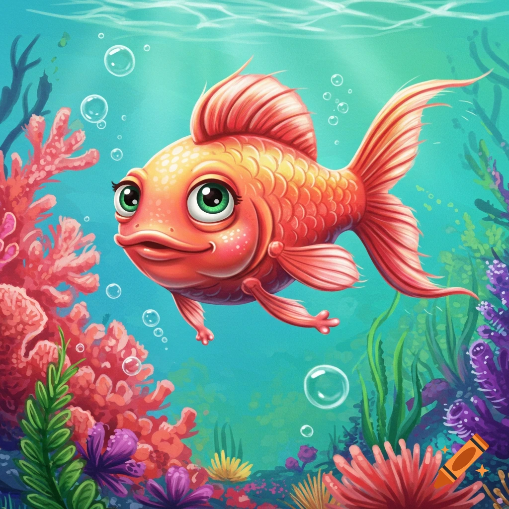 A cartoon fish with large eyes and toes-like fins swims in an underwater scene among coral and plants.