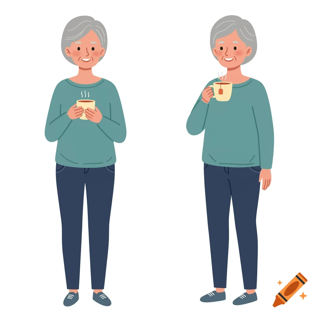 Clip art illustration of an elderly woman holding and drinking tea from mugs.