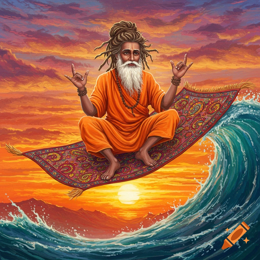 Sadhu surfing a wave on a flying carpet at sunset, making shaka signs.