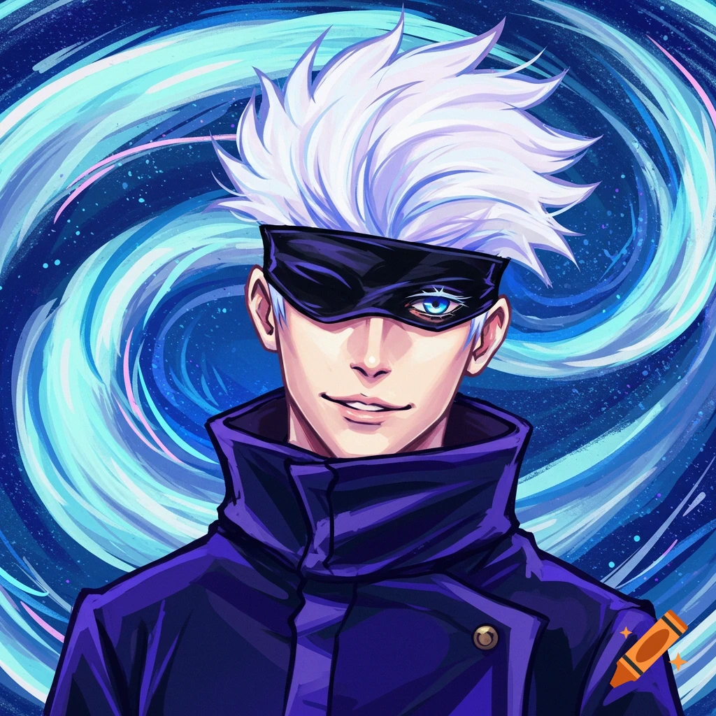 An anime character with white hair and a blindfold over swirling blue background.