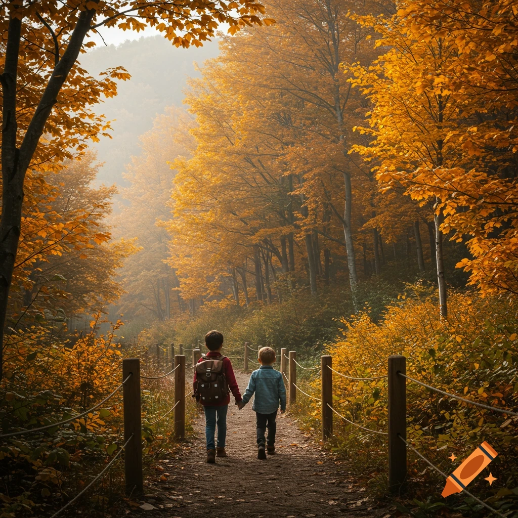 Two children walk hand-in-hand on a path through an autumn forest with orange leaves.