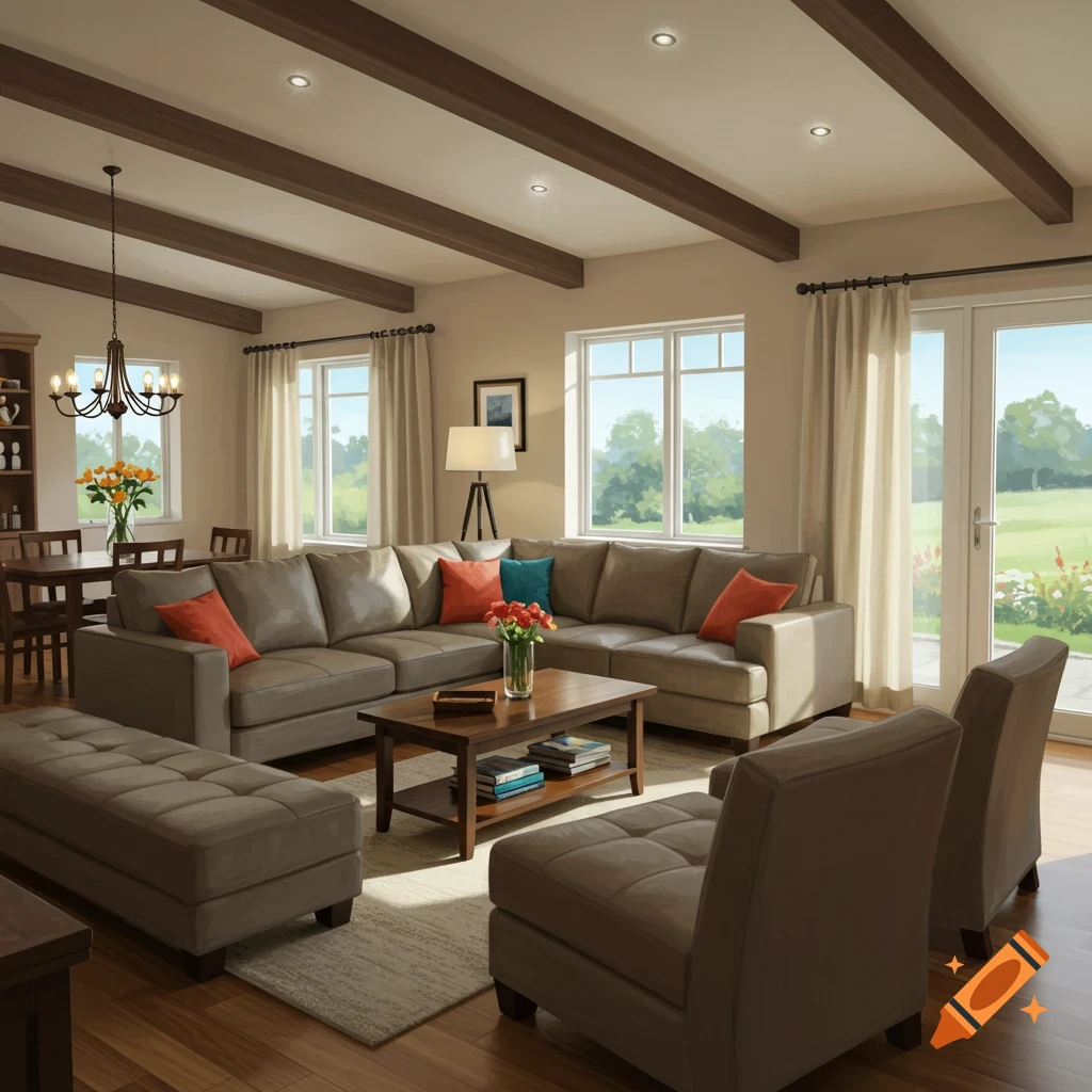 A living room featuring a sectional sofa, coffee table, chairs, exposed beams, and windows overlooking a garden.