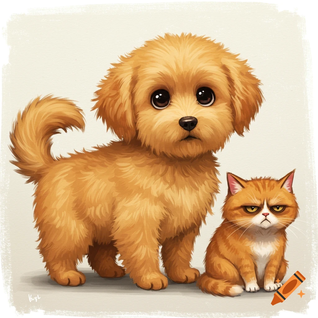 A cute golden puppy stands next to a grumpy orange cat.