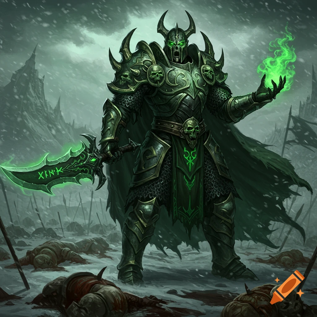A skeletal death knight in green armor stands on a snowy battlefield with a glowing sword and magic.