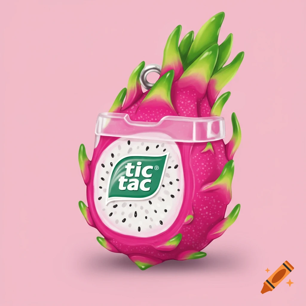 A Tic Tac case shaped like a pink and green dragonfruit.