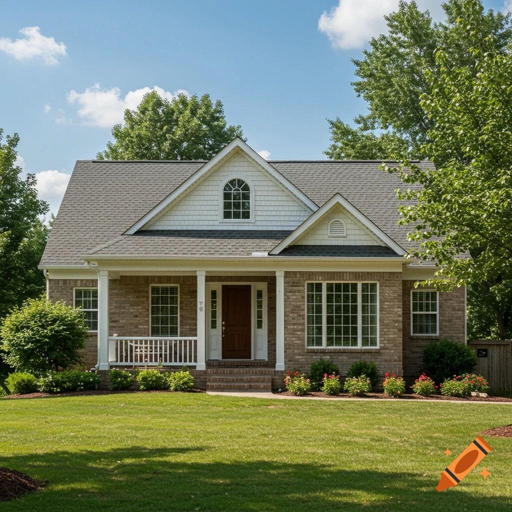 Photorealistic view of a brick house with a white porch, columns, green lawn, and trees under a blue sky.