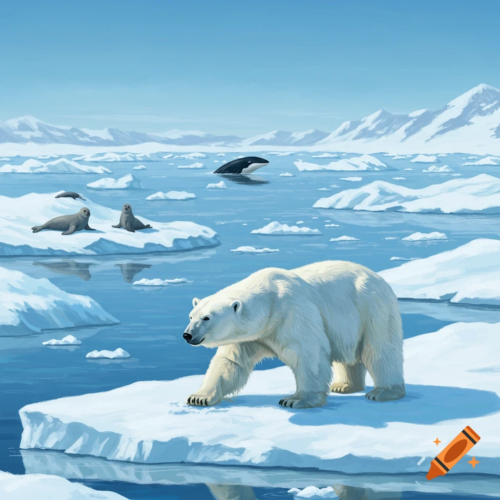 A polar bear is on the ice with seals and an orca in an arctic landscape.
