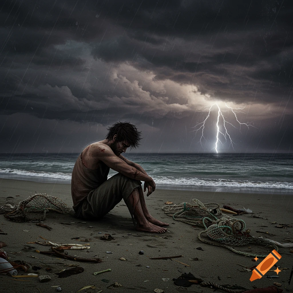 A man sits sadly on a debris-strewn beach under a stormy sky with lightning over the ocean.