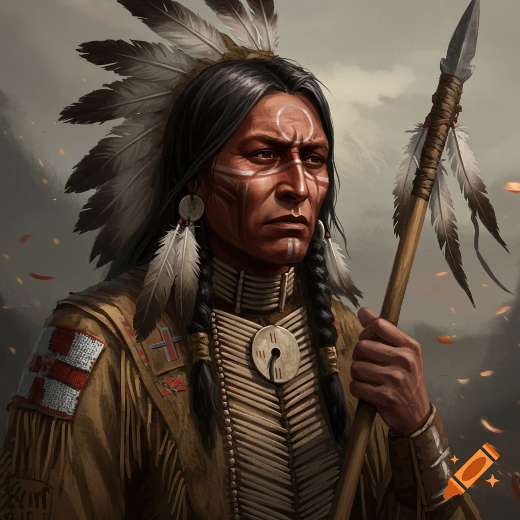 A Native American warrior with face paint and feather headdress holding a spear.