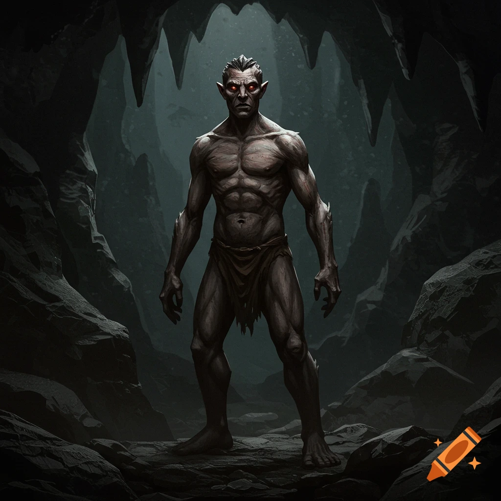 Muscular humanoid creature with red eyes stands in a dark cave