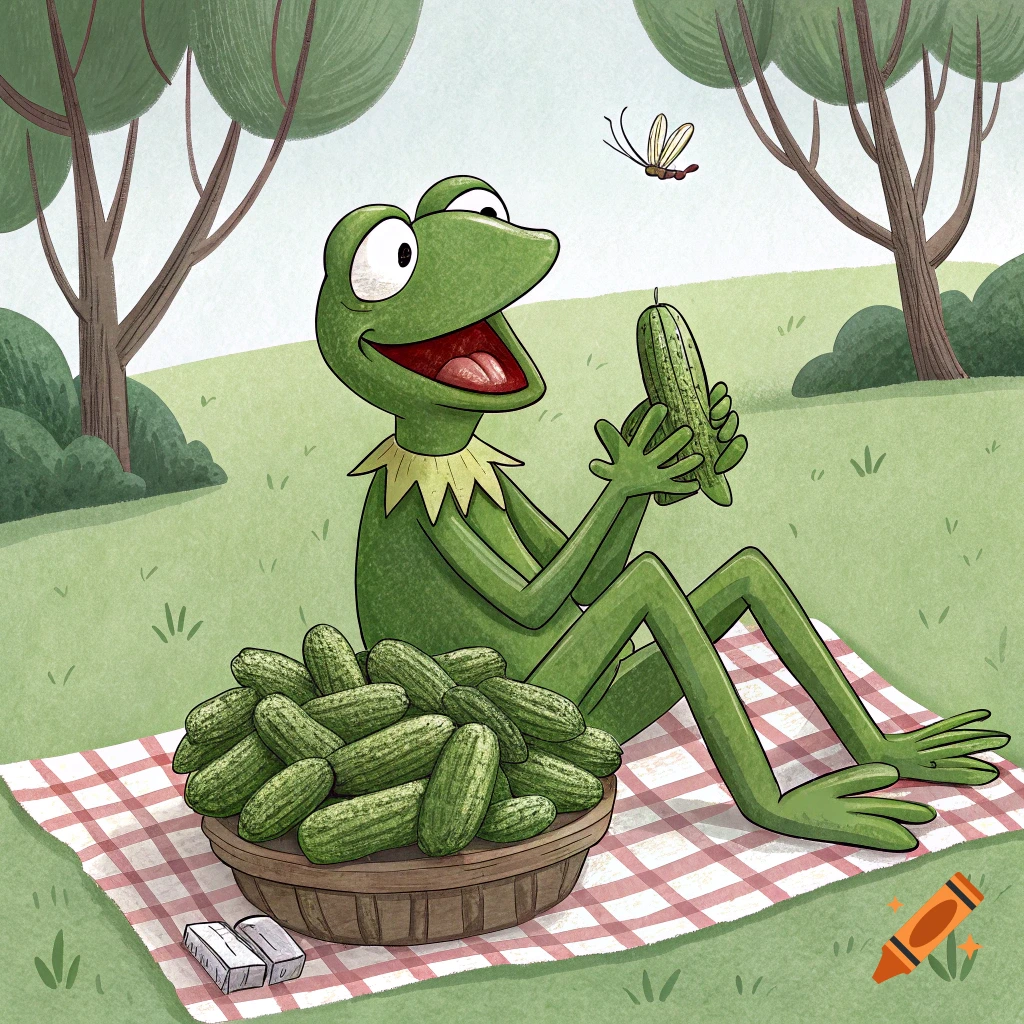 Cartoon illustration of Kermit the Frog on a picnic blanket with a basket of pickles.