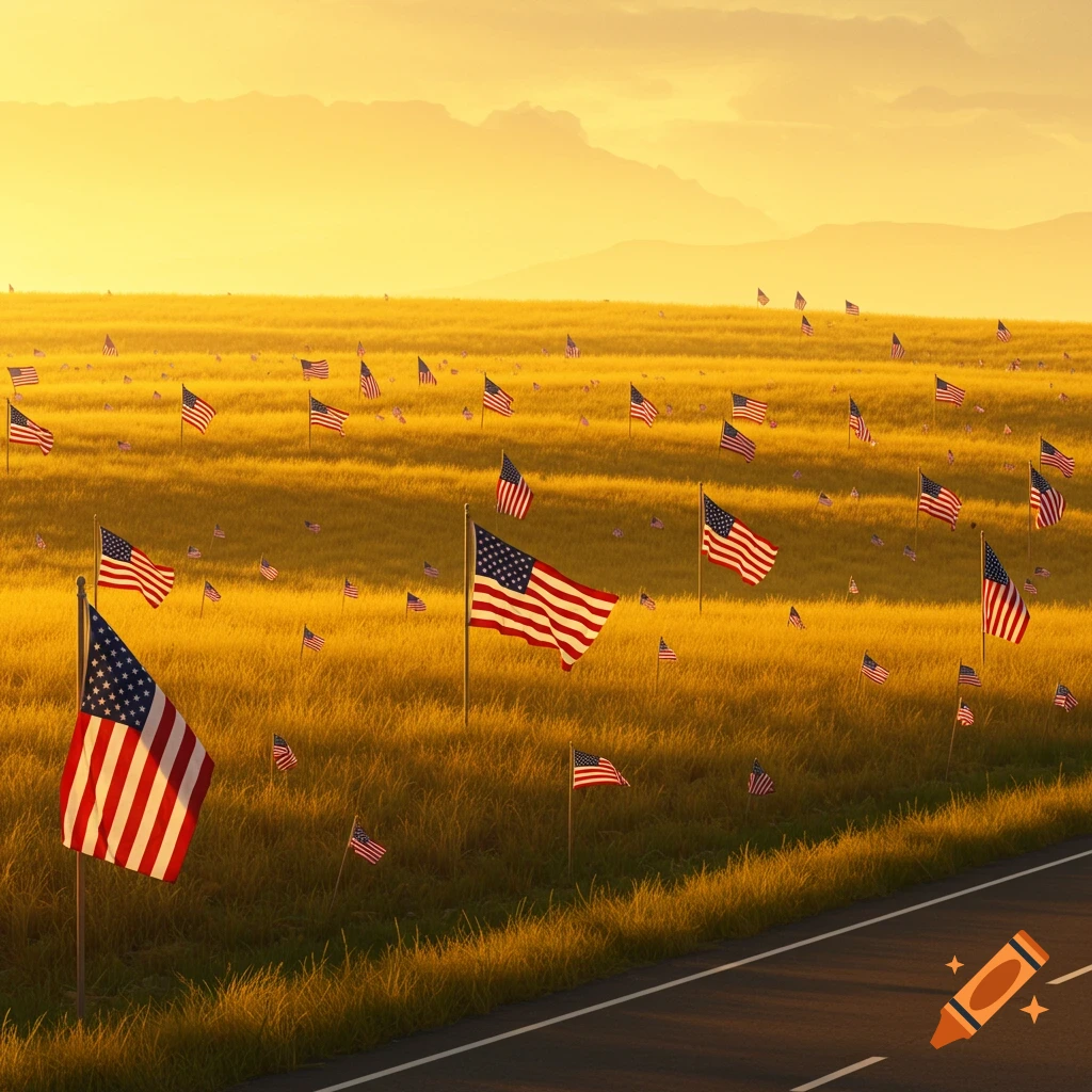 Many American flags in a golden field by a highway with mountains in the background.